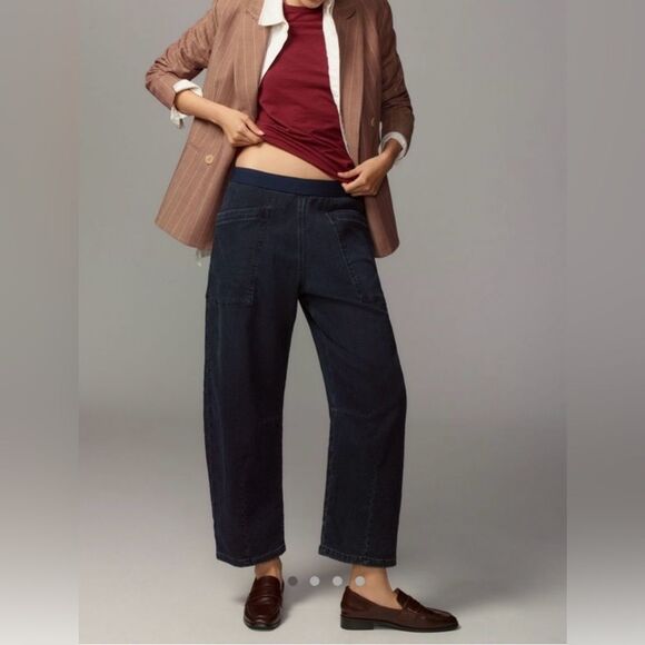 Pilcro Mid-Rise Pull-On Tapered Denim Knit Jeans Dark Wash Wide SZ S Petite - Picture 1 of 6